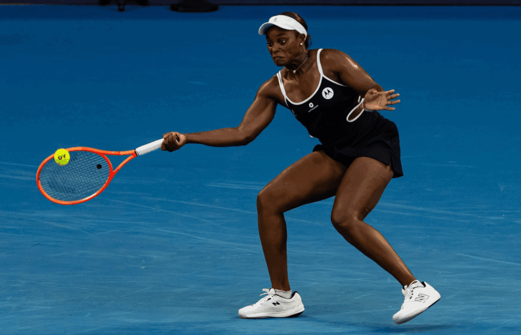 Jan 12, 2025; Melbourne, Victoria, Australia; Sloane Stephens of United States of America hits a forehand during her match against Aryna Sabalenka in the first round of the women's singles at the 2025 Australian Open at Melbourne Park. Mandatory Credit: Mike Frey-Imagn Images