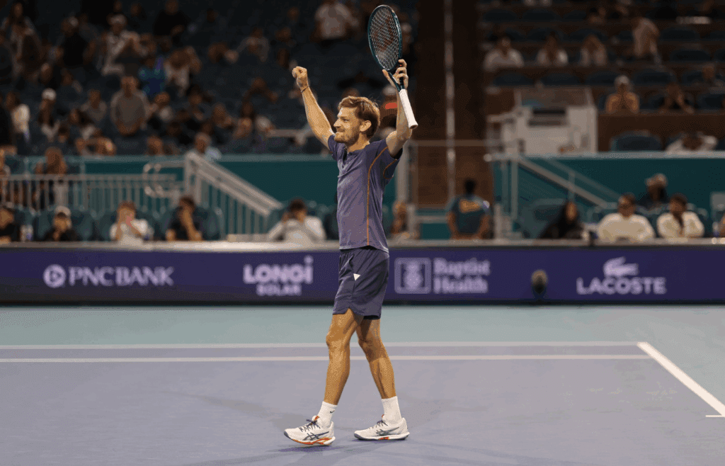 Mar 21, 2025; Miami, FL, USA; David Goffin (BEL) celebrates after match point against Carlos Alcaraz (ESP)(not pictured) on day four of the Miami Open at Hard Rock Stadium. Mandatory Credit: Geoff Burke-Imagn Images