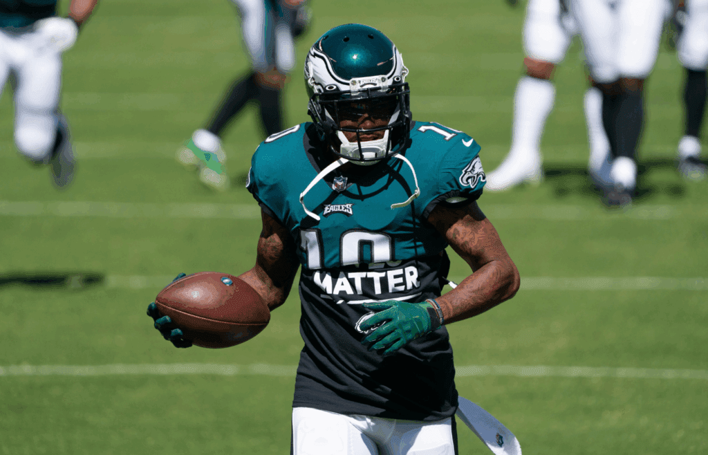 Sep 20, 2020; Philadelphia, Pennsylvania, USA; Philadelphia Eagles wide receiver DeSean Jackson (10) warms up before action against the Los Angeles Rams at Lincoln Financial Field. Mandatory Credit: Bill Streicher-Imagn Images