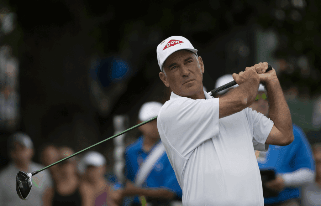 Jun 28, 2018; Colorado Springs, CO, USA; Corey Pavin follows through on his tee shot at the first hole during the first round of the U.S. Senior Open golf tournament at the Broadmoor. Mandatory Credit: Michael Madrid-Imagn Images