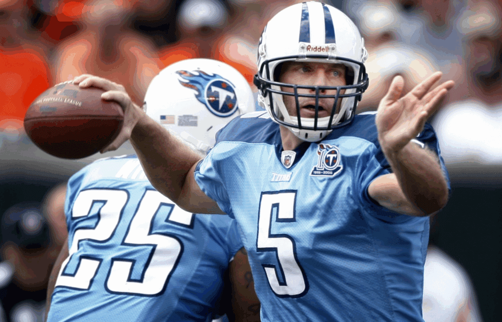 5 Kerry Collins, QB (How many Titans have worn the number: 3) Here, Tennessee Titans quarterback Collins (5) throws a pass against the Cincinnati Bengals at Paul Brown Stadium Sept. 14, 2008 in Cincinnati, OH. 05 Kerry Collins