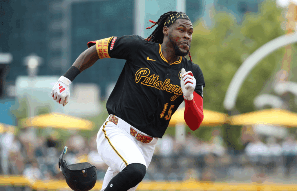 Jul 27, 2025; Pittsburgh, Pennsylvania, USA; Pittsburgh Pirates center fielder Oneil Cruz (15) runs the bases on his way to scoring a run against the Arizona Diamondbacks during the second inning at PNC Park. Mandatory Credit: Charles LeClaire-Imagn Images
