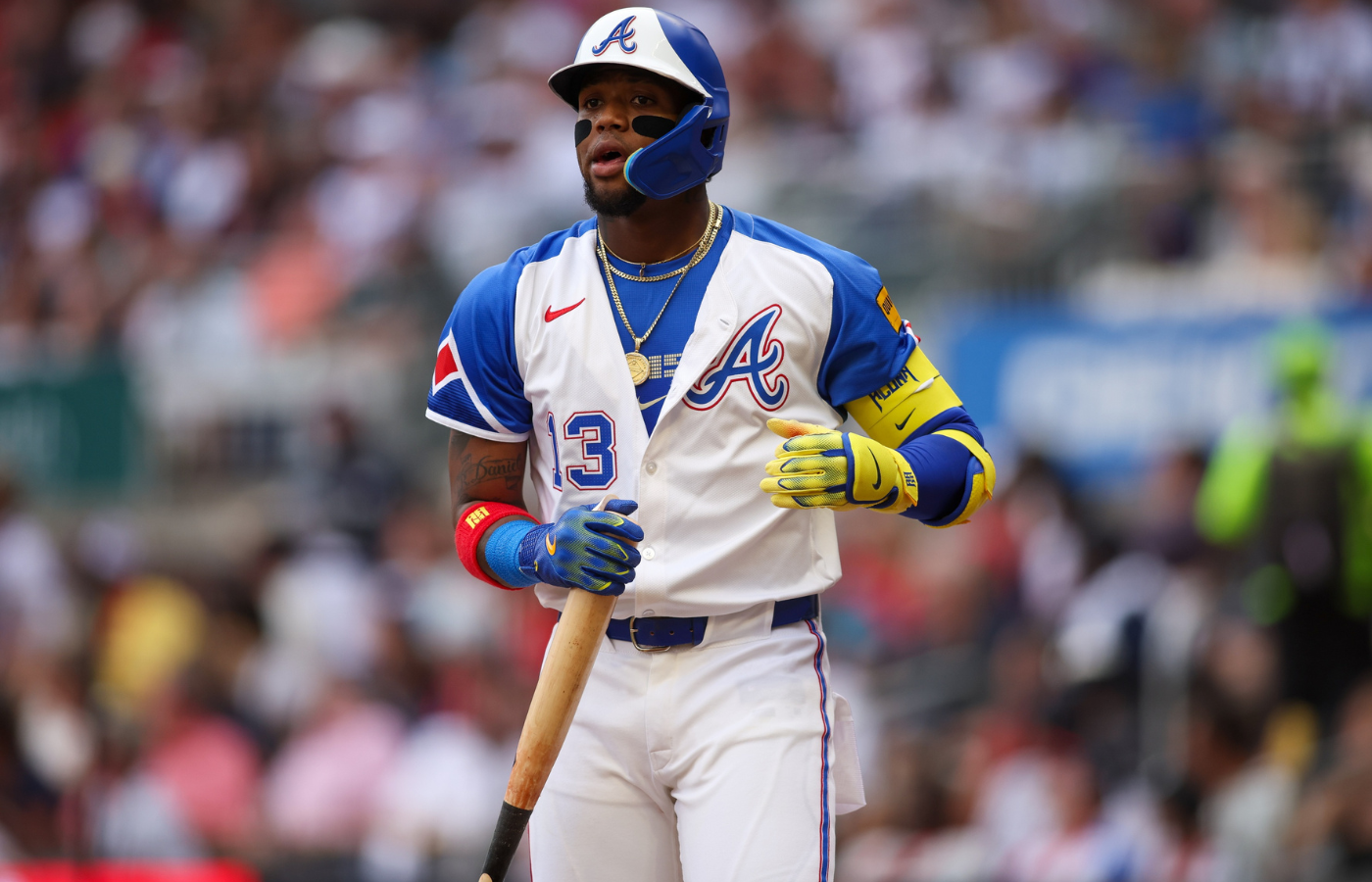 Jul 19, 2025; Atlanta, Georgia, USA; Atlanta Braves right fielder Ronald Acuna Jr. (13) bats against the New York Yankees in the first inning at Truist Park. Mandatory Credit: Brett Davis-Imagn Images