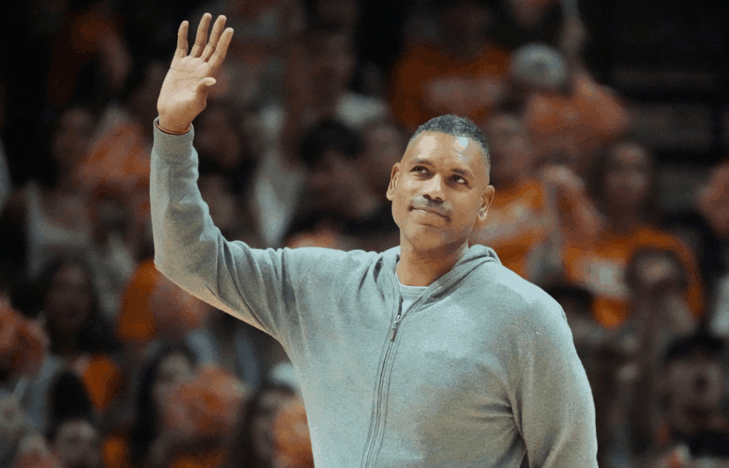 Former Tennessee and NBA guard Allan Houston appears on court during a college basketball exhibition game between Tennessee and Indiana on Sunday, October 27, 2024, in Knoxville. Tenn.