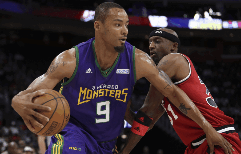 Jun 22, 2019; Detroit, MI, USA; 3 Headed Monsters player Rashard Lewis (9) gets defended by Trilogy player Jason Terry (31) during the game at Little Ceasars Arena. Mandatory Credit: Raj Mehta-Imagn Images