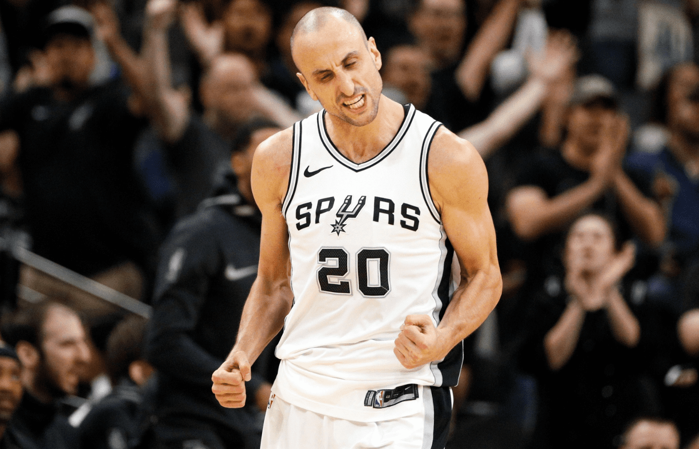 Apr 9, 2018; San Antonio, TX, USA; San Antonio Spurs shooting guard Manu Ginobili (20) reacts after a shot against the Sacramento Kings during the second half at AT&T Center. Mandatory Credit: Soobum Im-Imagn Images