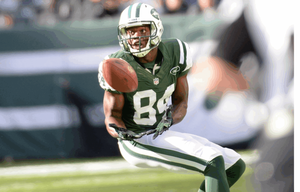 Sep 22, 2013; East Rutherford, NJ, USA; New York Jets wide receiver Stephen Hill (84) catches a pass against the Buffalo Bills at MetLife Stadium. Mandatory Credit: Robert Deutsch-Imagn Images