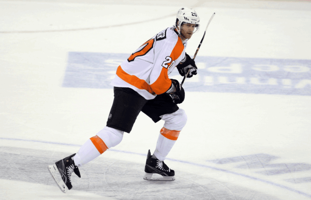 Nov 19, 2011; Winnipeg, MB, CANADA; Philadelphia Flyers defenseman Chris Pronger (20) during the 3rd period against the Winnipeg Jets at the MTS Centre. Winnipeg wins 6-4. Mandatory Credit: Bruce Fedyck-Imagn Images