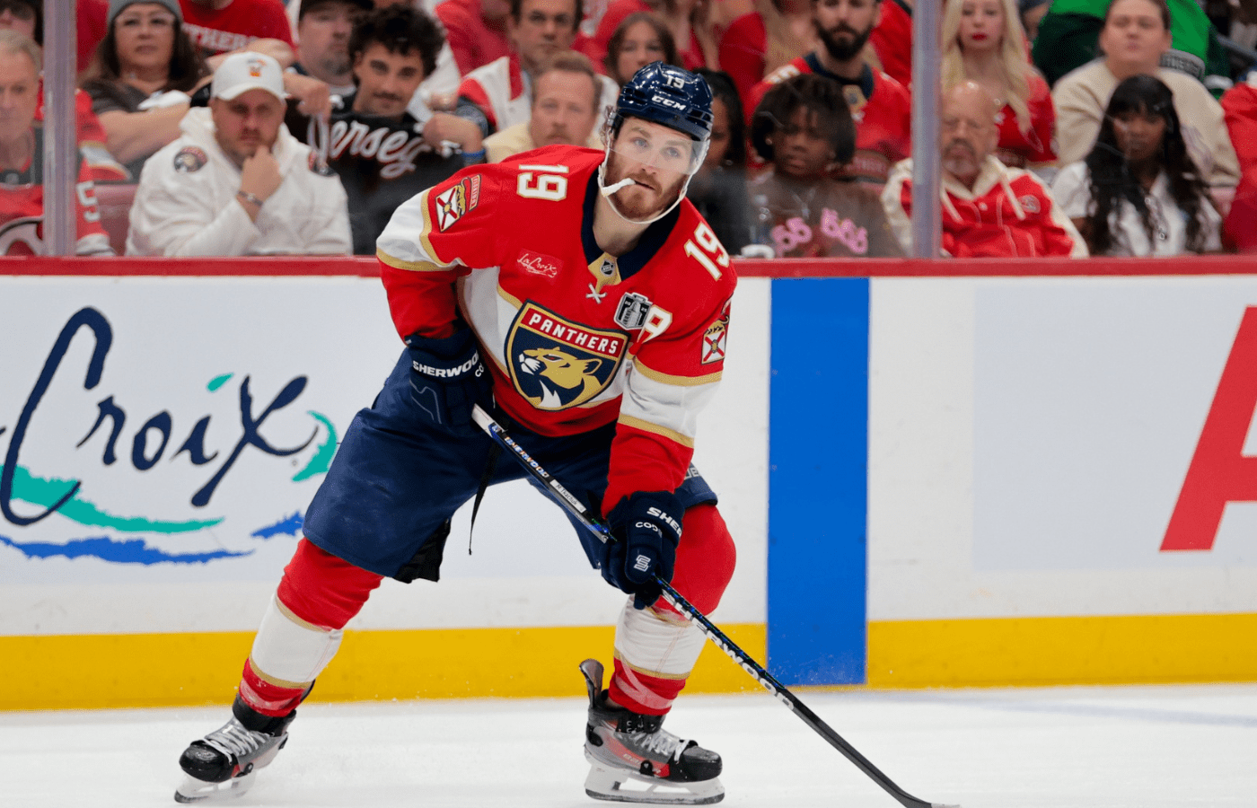 Jun 17, 2025; Sunrise, Florida, USA; Florida Panthers left wing Matthew Tkachuk (19) controls the puck against the Edmonton Oilers during the second period in game six of the 2025 Stanley Cup Final at Amerant Bank Arena. Mandatory Credit: Sam Navarro-Imagn Images