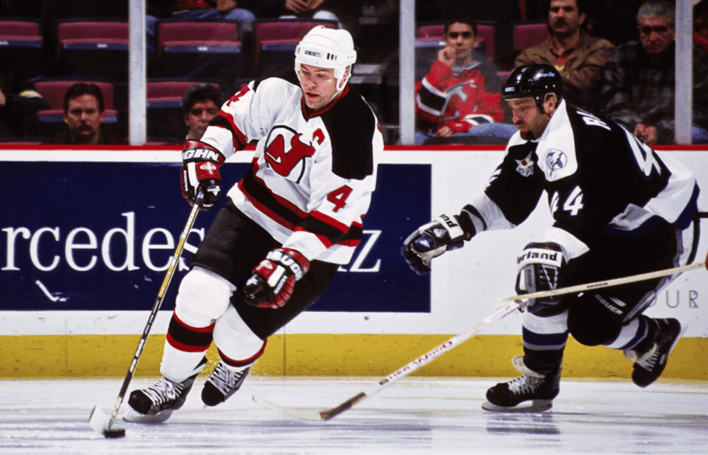 Unknown Date, 1999; East Rutherford, NJ, USA; FILE PHOTO; New Jersey Devils defensemen Scott Stevens (4) in action against Tampa Bay Lightning right wing Stephane Richer (44) at Continental Airlines Arena. Mandatory Credit: Lou Capozzola-USA TODAY NETWORK