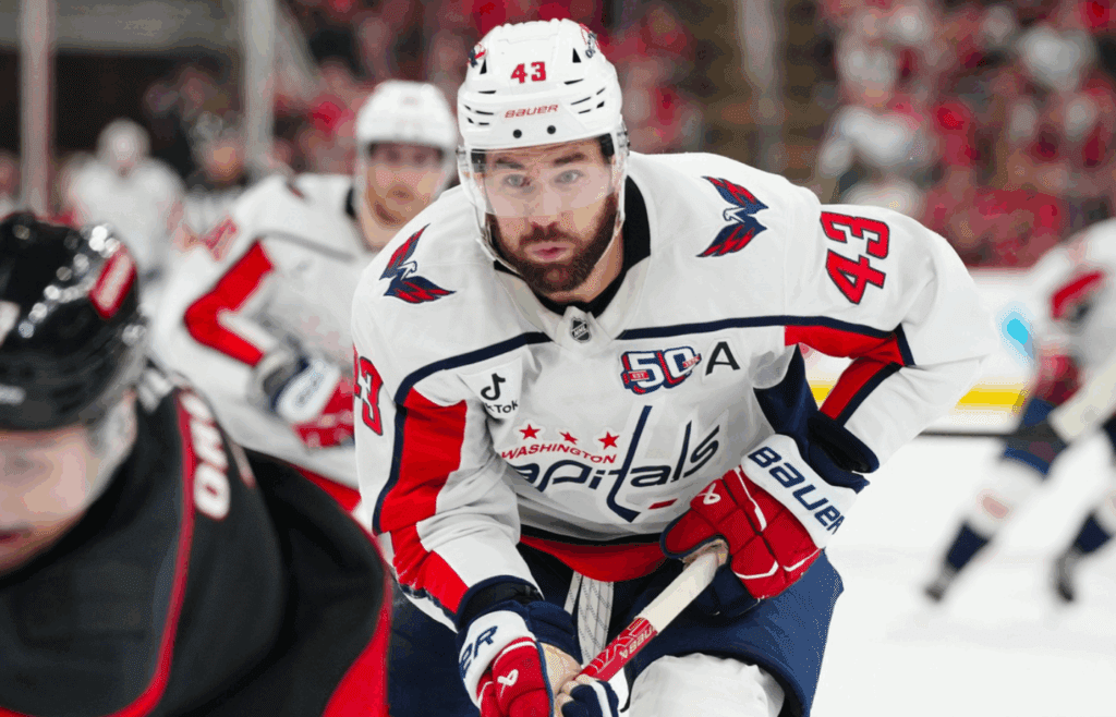May 10, 2025; Raleigh, North Carolina, USA; Washington Capitals right wing Tom Wilson (43) skates against the Carolina Hurricanes during the second period in game three of the second round of the 2025 Stanley Cup Playoffs at Lenovo Center. Mandatory Credit: James Guillory-Imagn Images