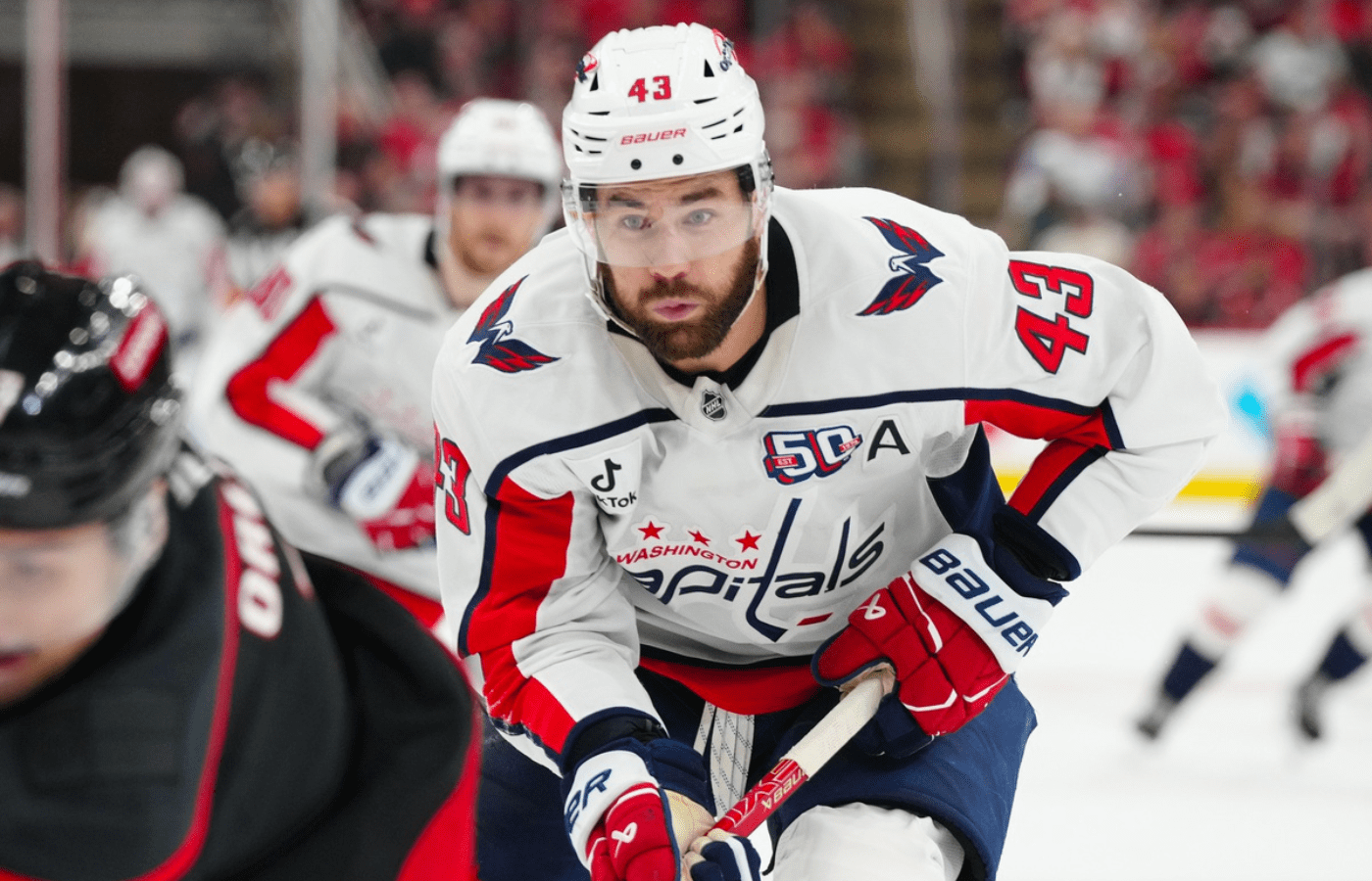May 10, 2025; Raleigh, North Carolina, USA; Washington Capitals right wing Tom Wilson (43) skates against the Carolina Hurricanes during the second period in game three of the second round of the 2025 Stanley Cup Playoffs at Lenovo Center. Mandatory Credit: James Guillory-Imagn Images