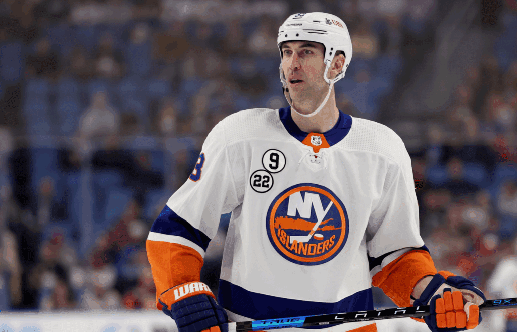 Apr 23, 2022; Buffalo, New York, USA; New York Islanders defenseman Zdeno Chara (33) during a stoppage in play against the Buffalo Sabres during the first period at KeyBank Center. Mandatory Credit: Timothy T. Ludwig-Imagn Images