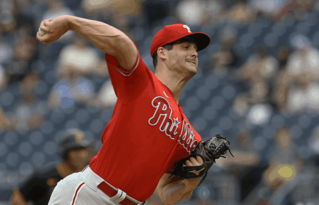 Jul 31, 2022; Pittsburgh, Pennsylvania, USA; Philadelphia Phillies relief pitcher Mark Appel (22) pitches against the Pittsburgh Pirates during the eighth inning at PNC Park. The Phillies won 8-2. Mandatory Credit: Charles LeClaire-Imagn Images