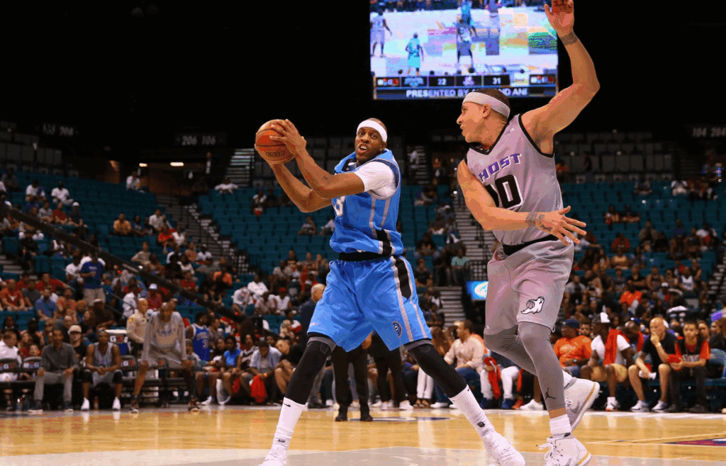 August 26, 2017; Las Vegas, NV, USA; Power forward Jerome Williams (13) controls the ball against Ghost point Ballers point guard Mike Bibby (10) at MGM Grand Garden Arena. Mandatory Credit: Mark J. Rebilas-Imagn Images
