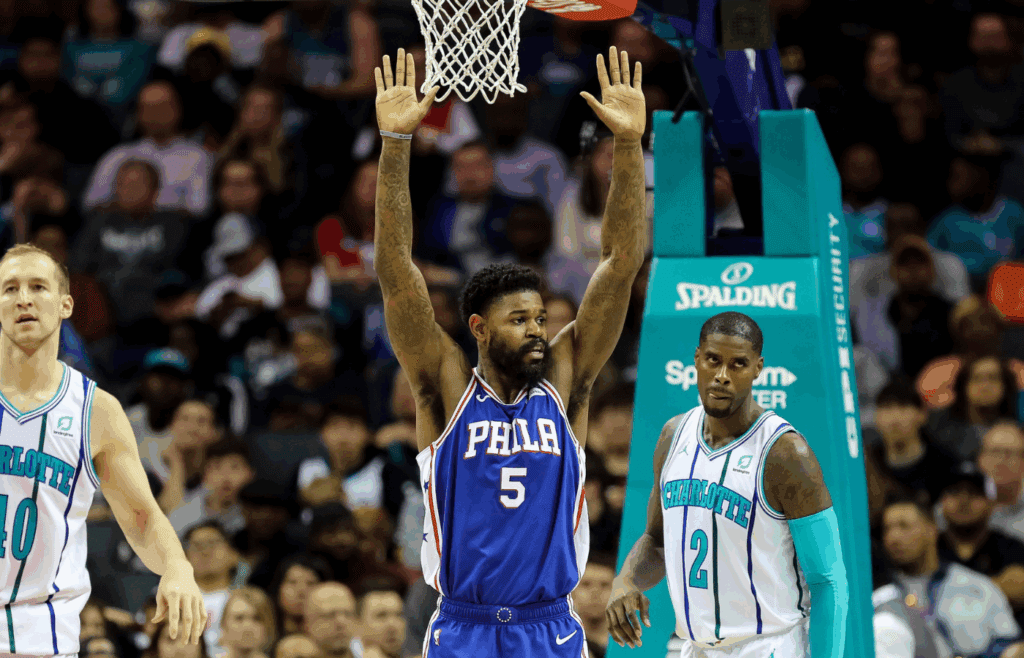 Nov 17, 2018; Charlotte, NC, USA; Philadelphia 76ers center Amir Johnson (5) acknowledges a foul during play against the Charlotte Hornets during the first half at Spectrum Center. Mandatory Credit: Jim Dedmon-Imagn Images