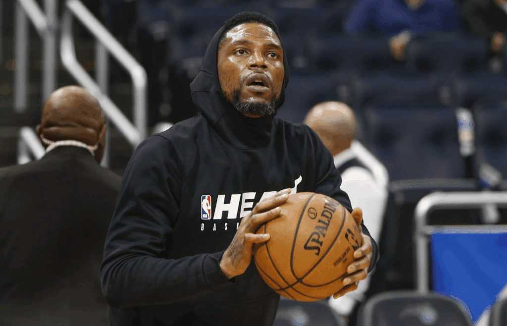 Feb 1, 2020; Orlando, Florida, USA; Miami Heat forward Udonis Haslem (40) shoots warmup shots before the game against the Orlando Magic at Amway Center. Mandatory Credit: Reinhold Matay-Imagn Images