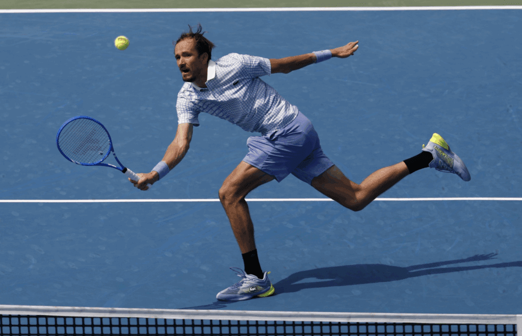 Jul 25, 2025; Washington, D.C., USA; Daniil Medvedev hits a volley against Corentin Moutet (FRA)(not pictured) in a men's singles quarter final of the Mubadala Citi DC Open at Rock Creek Park Tennis Center. Mandatory Credit: Geoff Burke-Imagn Images