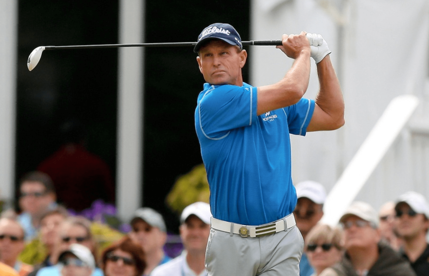 May 25, 2013; St. Louis, MO, USA; Bill Glasson follows through on his tee shot on the 1st hole during third round of the 74th Senior PGA Championship at Bellerive Country Club. Mandatory Credit: Scott Kane-Imagn Images