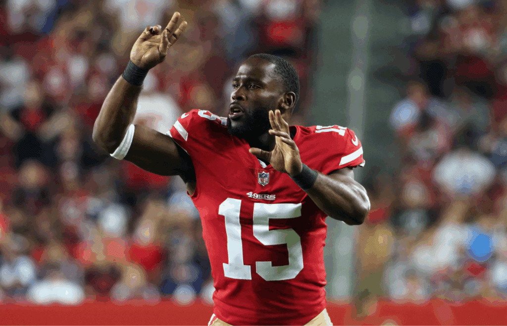 Aug 9, 2018; Santa Clara, CA, USA; San Francisco 49ers wide receiver Pierre Garcon (15) calls for teammates to go for a two point conversion after a touchdown against the Dallas Cowboys during the fourth quarter at Levi's Stadium. Mandatory Credit: Kelley L Cox-Imagn Images