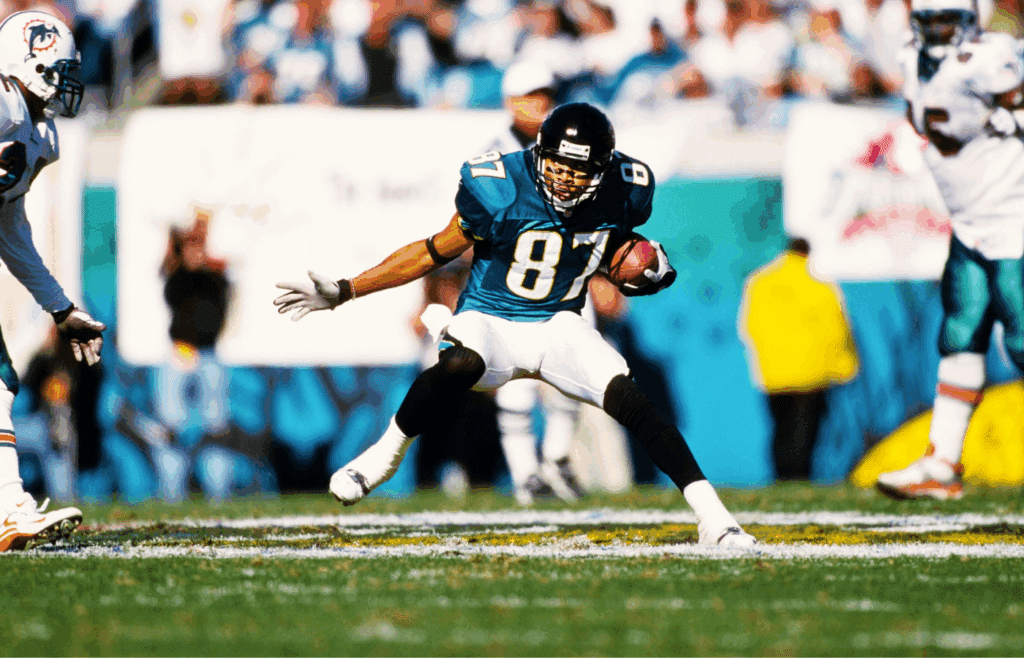 Jan 15, 2000; Jacksonville, FL, USA; FILE PHOTO; Jacksonville Jaguars receiver Keenan McCardell (87) in action against the Miami Dolphins during the 1999 AFC Divisional playoffs at Alltel Stadium. Mandatory Credit: Peter Brouillet-USA TODAY NETWORK