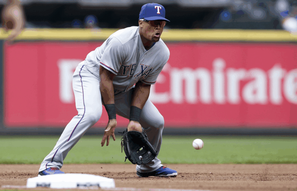 Sep 30, 2018; Seattle, WA, USA; Texas Rangers third baseman Adrian Beltre (29) fields a ground ball against the Seattle Mariners during the fourth inning at Safeco Field. Mandatory Credit: Jennifer Buchanan-Imagn Images