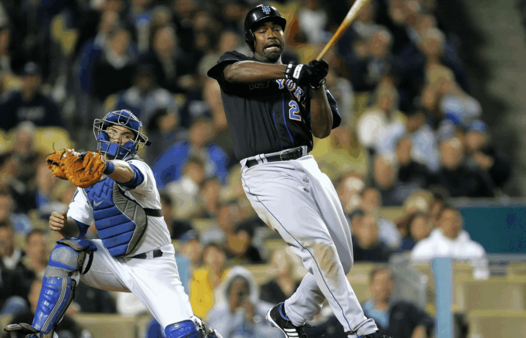 May 6, 2008: Los Angeles, CA, USA: New York Mets first baseman Carlos Delgado (21) strikes out against Los Angeles Dodgers relief pitcher Hong-Chih Kuo (56) in the fourth inning at Dodger Stadium. Mandatory Credit: Gary A. Vasquez-Imagn Images