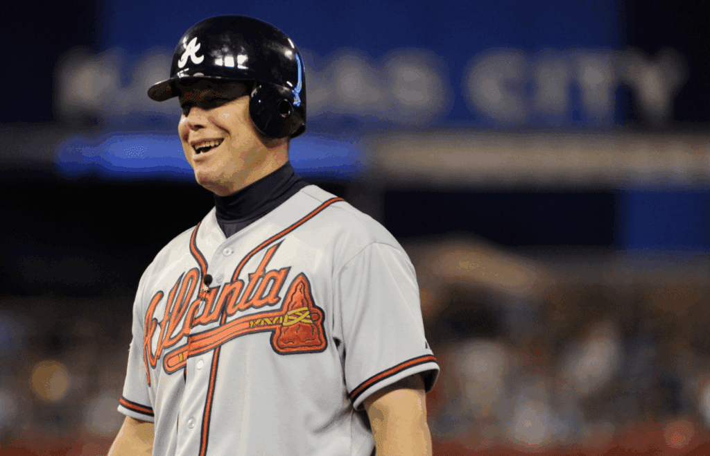 July 10, 2012; Kansas City, MO, USA; National League infielder Chipper Jones (10) of the Atlanta Braves reacts after hitting a single during the sixth inning of the 2012 All Star Game at Kauffman Stadium. Mandatory Credit: H. Darr Beiser-Imagn Images via Imagn Images