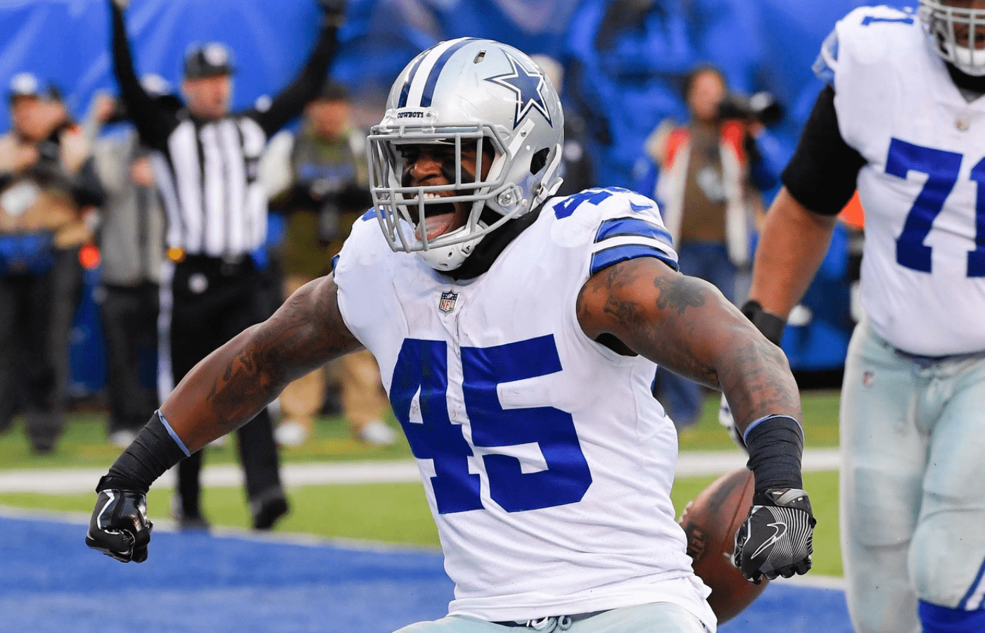 Dec 30, 2018; East Rutherford, NJ, USA; Dallas Cowboys running back Rod Smith (45) celebrates after scoring a fourth quarter touchdown against the New York Giants at MetLife Stadium. Mandatory Credit: Robert Deutsch-Imagn Images