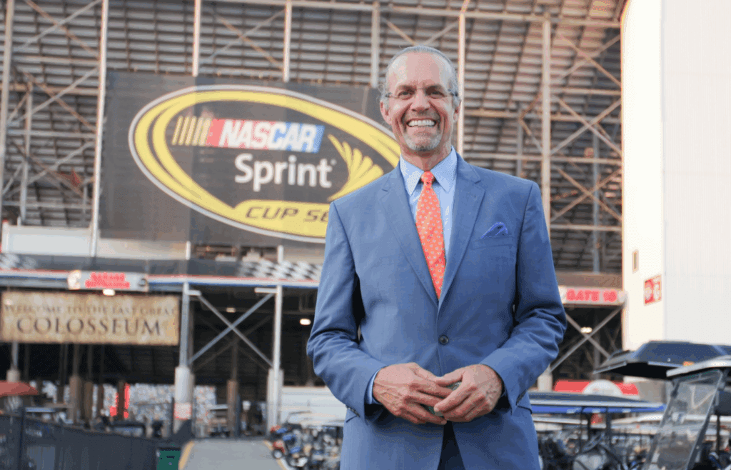 Aug 22, 2015; Bristol, TN, USA; NASCAR diver/announcer Kyle Petty at the Irwin Tools Night Race at Bristol Motor Speedway. Mandatory Credit: Randy Sartin-Imagn Images