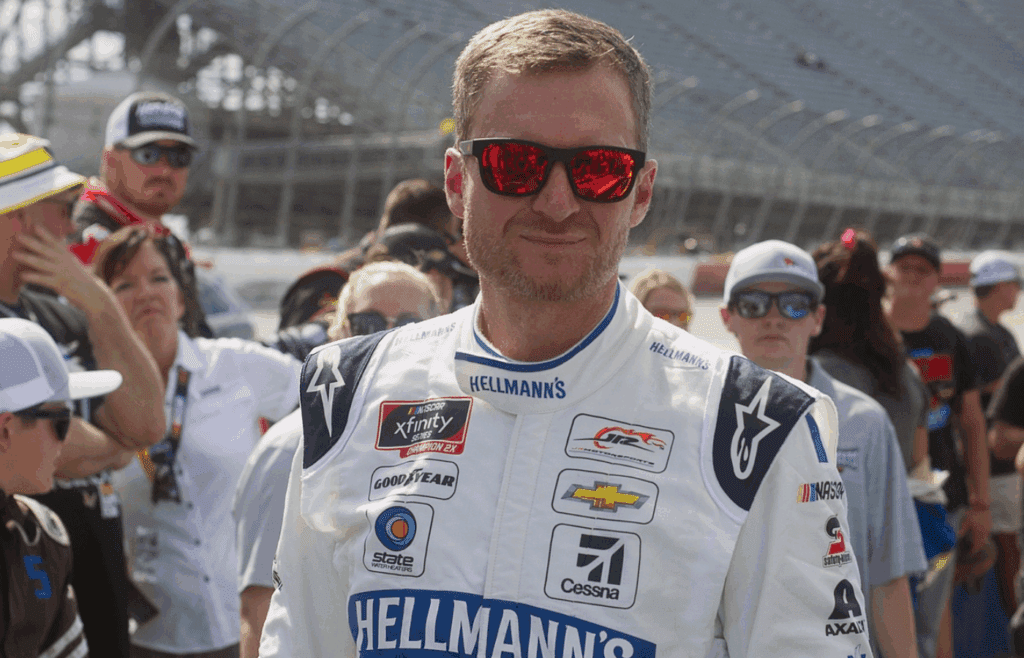Aug 31, 2019; Darlington, SC, USA; NASCAR Xfinity Series driver Dale Earnhardt Jr. (8) reacts prior to the Sport Clips Haircuts VFW 200 at Darlington Raceway. Mandatory Credit: Joshua S. Kelly-Imagn Images