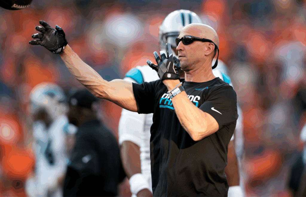 Sep 8, 2016; Denver, CO, USA; Carolina Panthers wide receivers coach Ricky Proehl against the Denver Broncos at Sports Authority Field at Mile High. The Broncos defeated the Panthers 21-20. Mandatory Credit: Mark J. Rebilas-Imagn Images