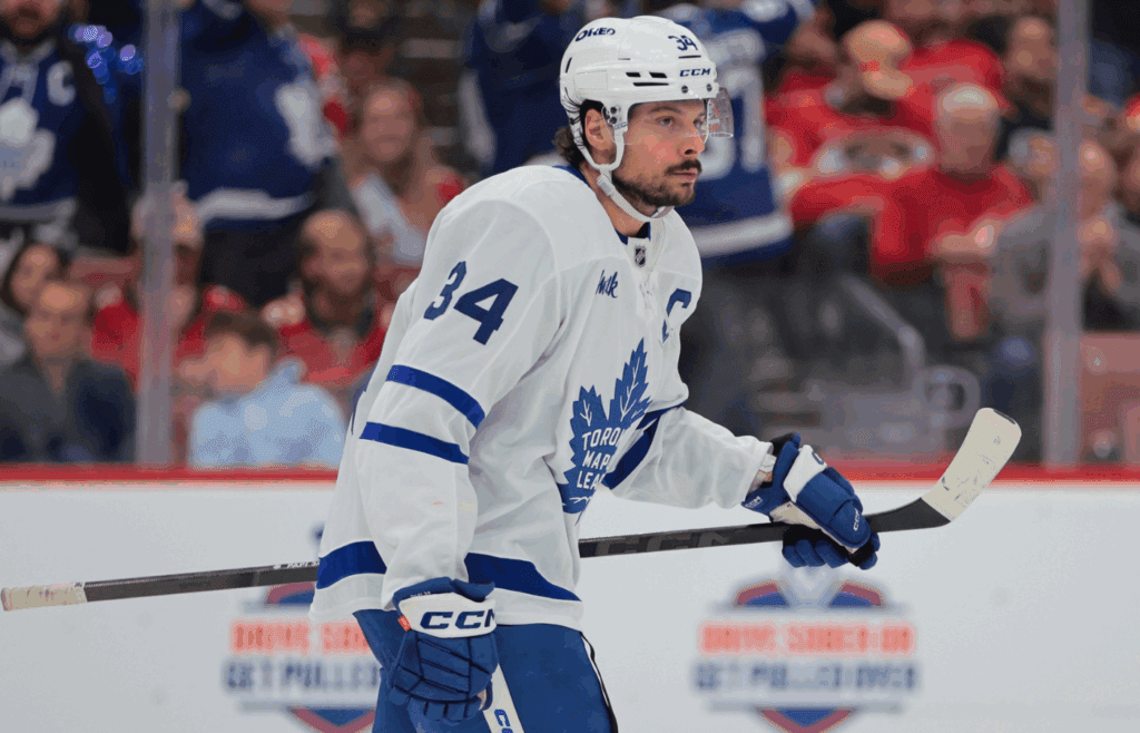 May 16, 2025; Sunrise, Florida, USA; Toronto Maple Leafs center Auston Matthews (34) looks on after scoring against the Florida Panthers during the third period in game six of the second round of the 2025 Stanley Cup Playoffs at Amerant Bank Arena. Mandatory Credit: Sam Navarro-Imagn Images