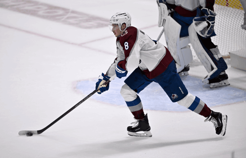 May 3, 2025; Dallas, Texas, USA; Colorado Avalanche defenseman Cale Makar (8) in action during the game between the Dallas Stars and the Colorado Avalanche in game seven of the first round of the 2025 Stanley Cup Playoffs at American Airlines Center. Mandatory Credit: Jerome Miron-Imagn Images