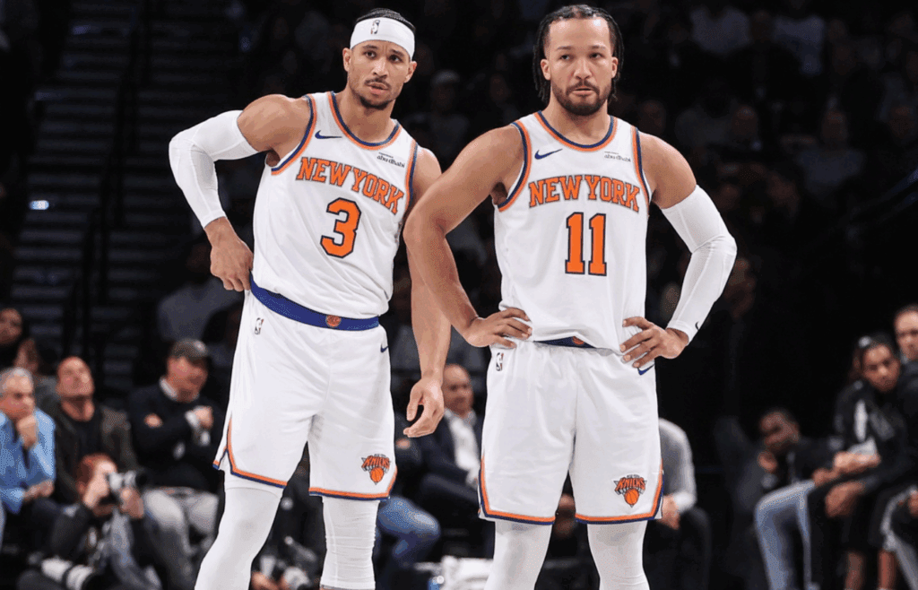 Jan 21, 2025; Brooklyn, New York, USA; New York Knicks guards Josh Hart (3) and Jalen Brunson (11) at Barclays Center. Mandatory Credit: Wendell Cruz-Imagn Images