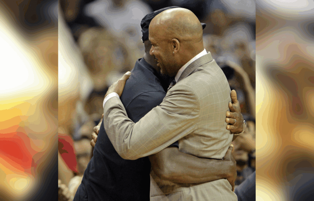 Oct 14, 2015, Shanghai, China; Charlotte Hornets principal owner Michael Jordan hugs former Chicago Bulls teammate Ron Harper during a preseason game against the Los Angeles Clippers at the Mercedes-Benz Arena. Mandatory Credit: Danny La-Imagn Images