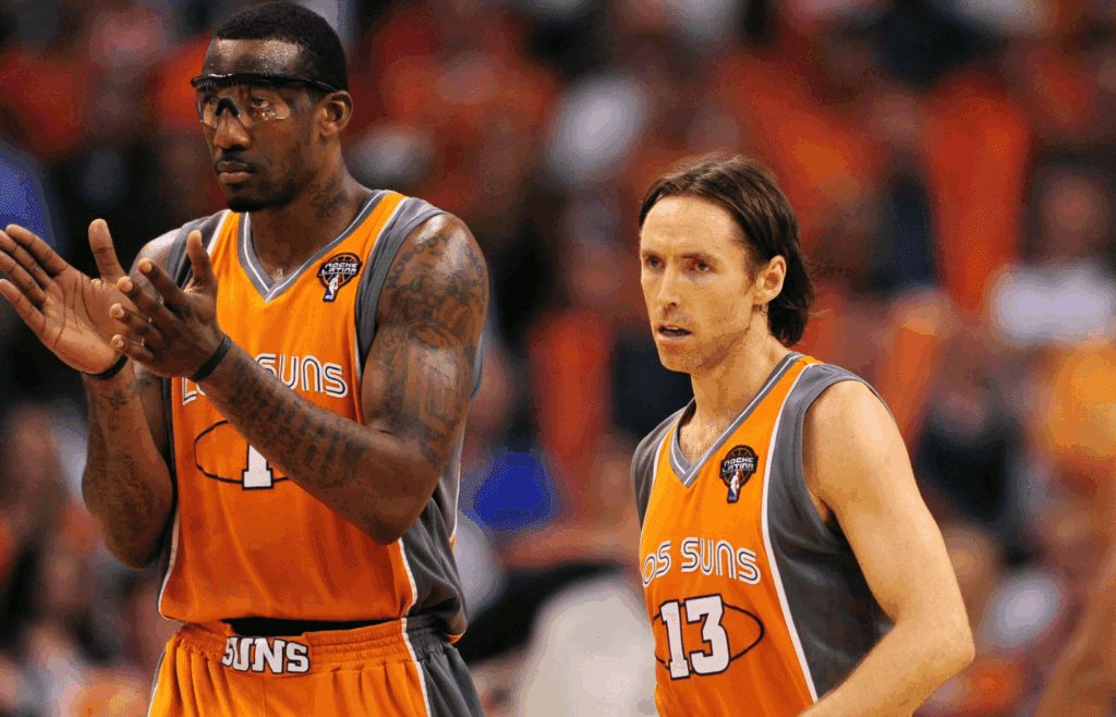 May 5, 2010; Phoenix, AZ, USA; Phoenix Suns guard (13) Steve Nash and forward (1) Amare Stoudemire in the second half against the San Antonio Spurs in game two in the western conference semifinals of the 2010 NBA playoffs at the US Airways Center. The team is wearing "Los Suns" jerseys on Cinco de Mayo in response to an anti-immigration law recently passed in Arizona. The Suns defeated the Spurs 110-102. Mandatory Credit: Mark J. Rebilas-Imagn Images