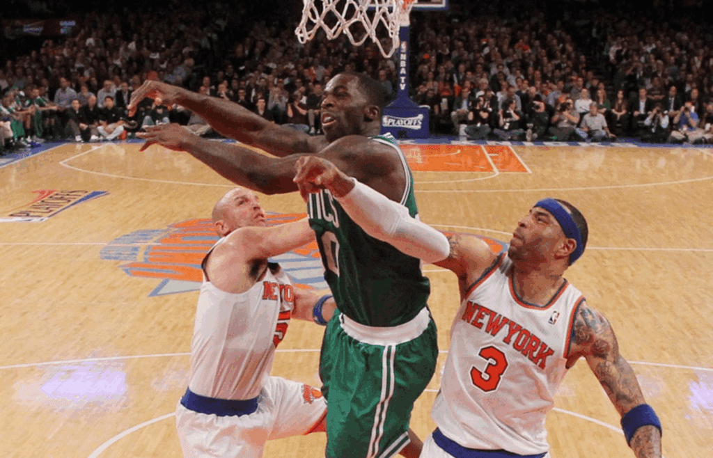 Apr 23, 2013; New York, NY, USA; Boston Celtics forward Brandon Bass (30) is fouled by New York Knicks forward Kenyon Martin (3) in front of guard Jason Kidd (5) during the fourth quarter of game two of the first round of the 2013 NBA playoffs at Madison Square Garden. Mandatory Credit: Brad Penner-Imagn Images