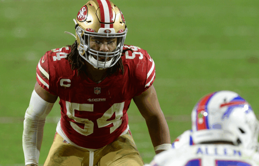 Dec 7, 2020; Glendale, Arizona, USA; San Francisco 49ers middle linebacker Fred Warner (54) looks down Buffalo Bills quarterback Josh Allen (17) during the second half at State Farm Stadium. Mandatory Credit: Joe Camporeale-Imagn Images