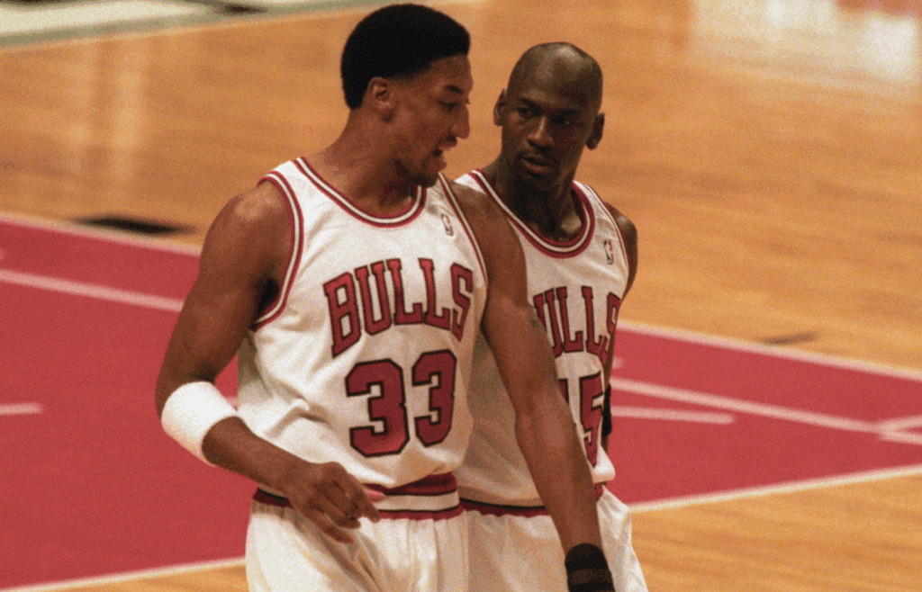 Mar 30, 1995; Chicago, IL, USA; Chicago Bulls guard Michael Jordan (45) talks with forward Scottie Pippen (33) after a timeout from the game against the Boston Celtics at Chicago Stadium. The Bulls beat the Celtics 100-82. Mandatory Credit: Matthew Emmons-Imagn Images