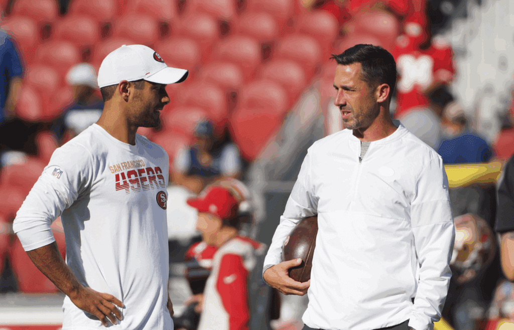 Aug 10, 2019; Santa Clara, CA, USA; San Francisco 49ers quarterback Jimmy Garoppolo (10) and head coach Kyle Shanahan before the game against the Dallas Cowboys at Levi s Stadium. Mandatory Credit: Kelley L Cox-Imagn Images