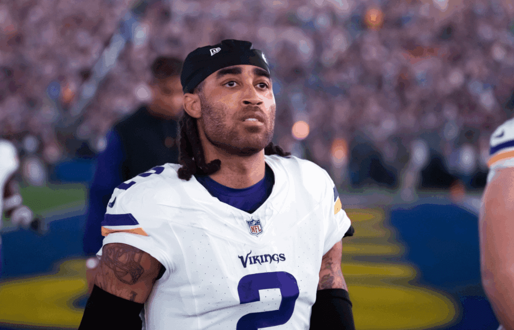 Jan 13, 2025; Glendale, AZ, USA; Minnesota Vikings cornerback Stephon Gilmore (2) against the Los Angeles Rams during an NFC wild card game at State Farm Stadium. Mandatory Credit: Mark J. Rebilas-Imagn Images