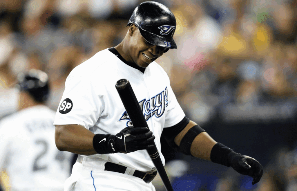 Sep 11, 2007; Toronto, ON, Canada; Toronto Blue Jays designated hitter (35) Frank Thomas reacts after making an out in the 1st inning against the New York Yankees at the Rogers Centre in Toronto, ON. The Yankees beat the Blue Jays 9-2. Mandatory Credit: Tom Szczerbowski-Imagn Images