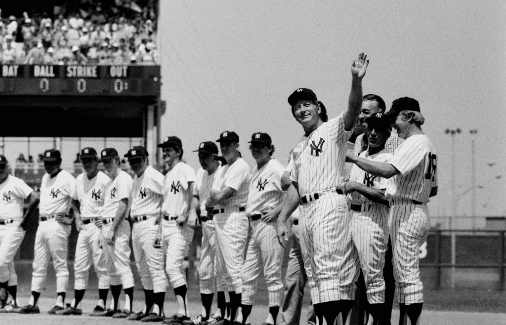 August 2, 1975; New York, NY, USA; Mickey Mantle waves to the crowd during the New York Yankees Old-Timers' Day game at Yankee Stadium in New York City on August 2, 1975. Mandatory Credit: Peter Karas-USA TODAY NETWORK