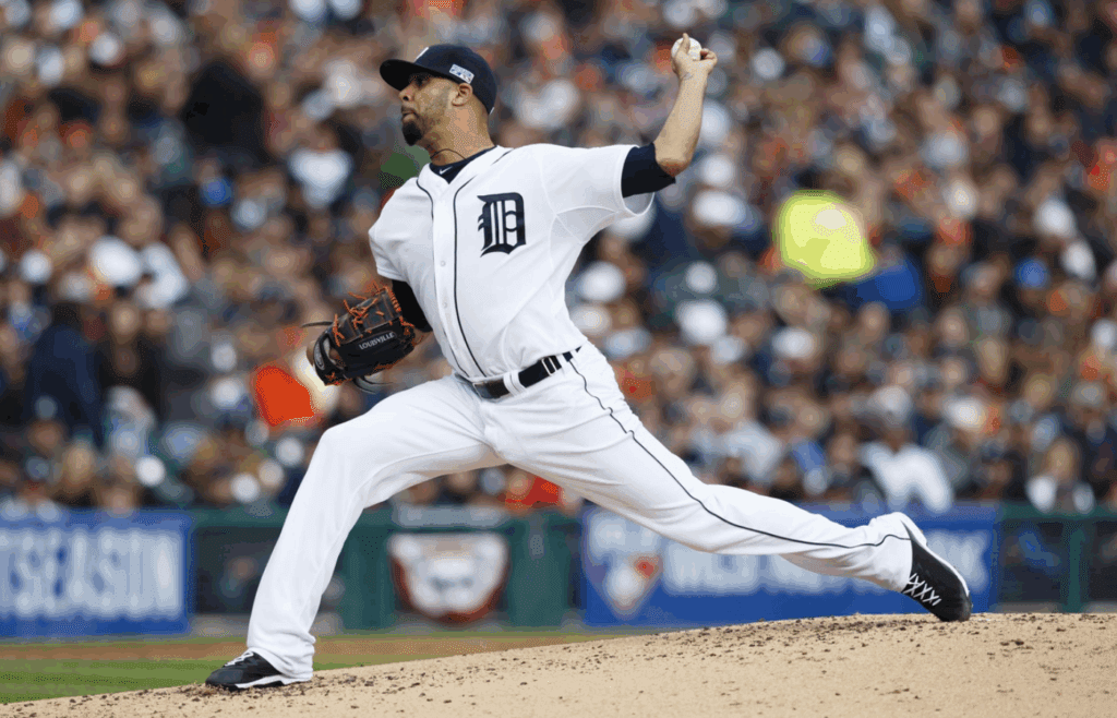 Oct 5, 2014; Detroit, MI, USA; Detroit Tigers starting pitcher David Price (14) pitches against the Baltimore Orioles during game three of the 2014 ALDS baseball playoff game at Comerica Park. Mandatory Credit: Rick Osentoski-Imagn Images