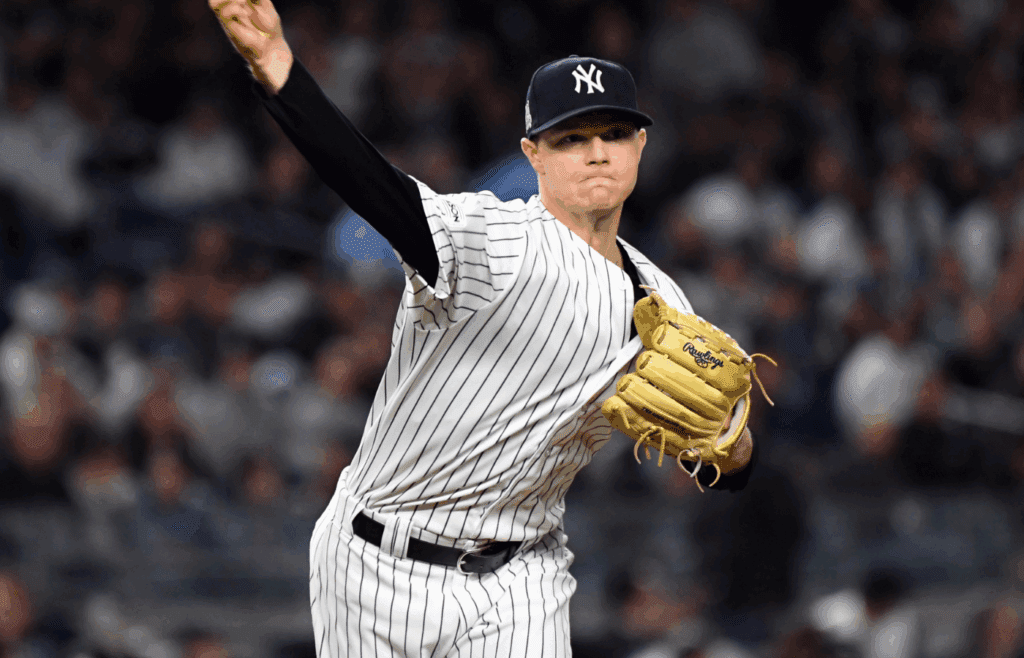 Oct 17, 2017; Bronx, NY, USA; New York Yankees starting pitcher Sonny Gray (55) throws to first base against the Houston Astros during the sixth inning in game four of the 2017 ALCS playoff baseball series at Yankee Stadium. Mandatory Credit: Robert Deutsch-Imagn Images