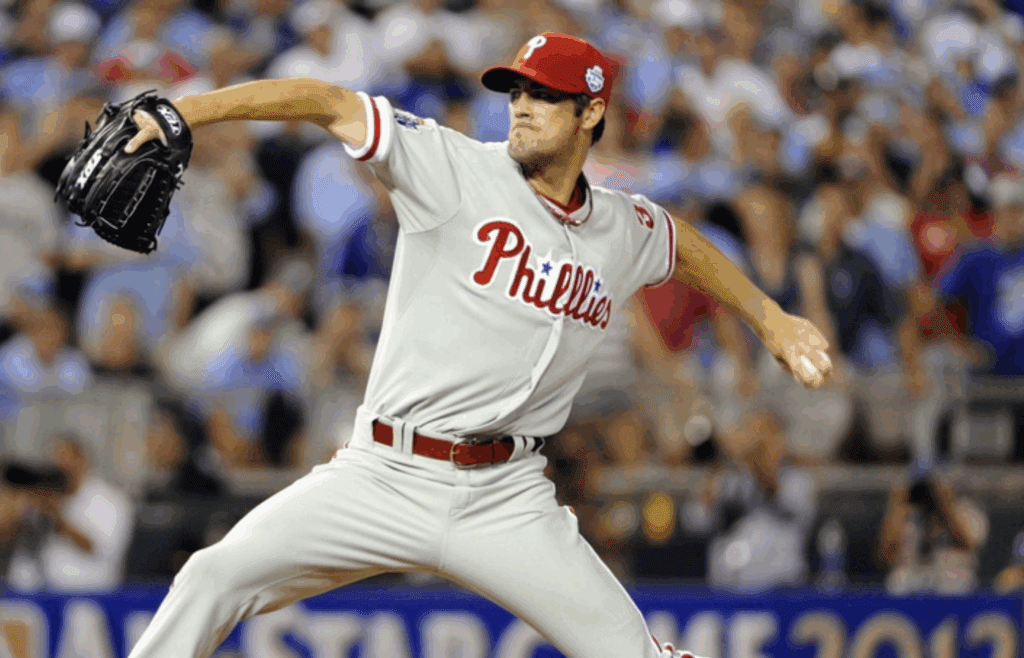 National League pitcher Cole Hamels of the Philadelphia Phillies throws a pitch during the seventh inning of the 2012 All-Star Game at Kauffman Stadium in Kansas City, Missouri on July 10, 2012.