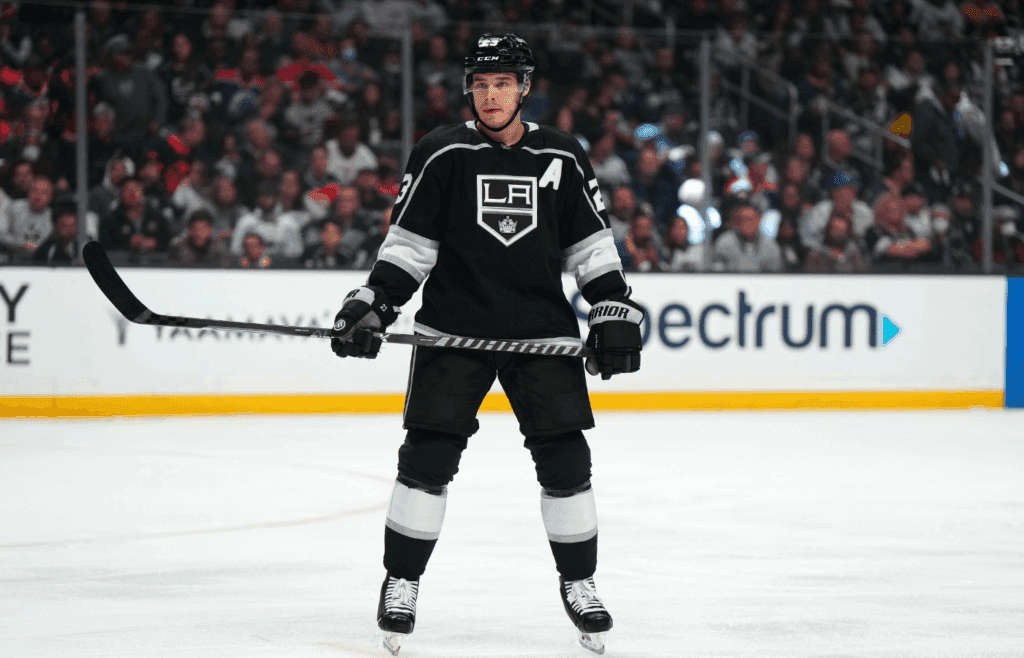 May 6, 2022; Los Angeles, California, USA; LA Kings right wing Dustin Brown (23) reacts against the Edmonton Oilers in the second period of game three of the first round of the 2022 Stanley Cup Playoffs at Crypto.com Arena. Mandatory Credit: Kirby Lee-Imagn Images