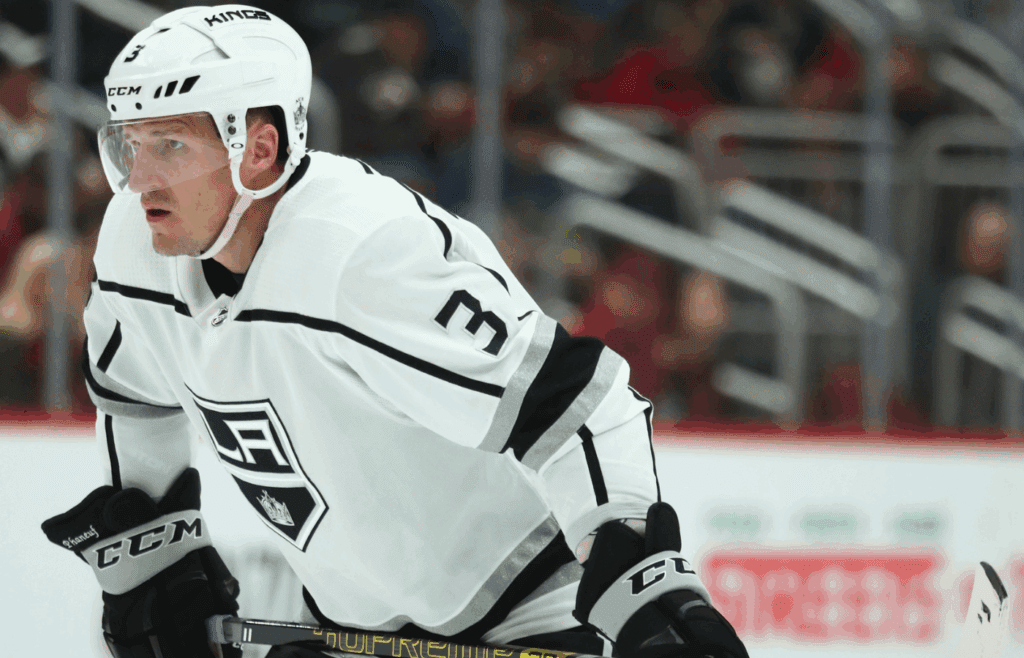 Apr 2, 2019; Glendale, AZ, USA; Los Angeles Kings defenseman Dion Phaneuf (3) against the Arizona Coyotes at Gila River Arena. Mandatory Credit: Mark J. Rebilas-Imagn Images