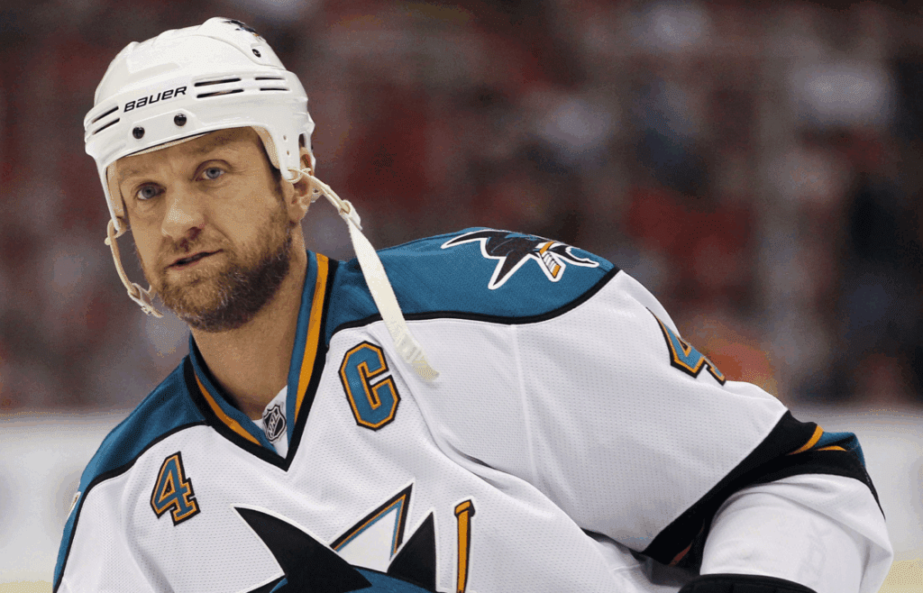 May 6, 2010; Detroit, MI, USA; San Jose Sharks defenseman Rob Blake (4) warms up prior to the start of game four of the second round of the 2010 Stanley Cup Playoffs against the Detroit Red Wings at Joe Louis Arena. Mandatory Credit: Leon Halip-Imagn Images